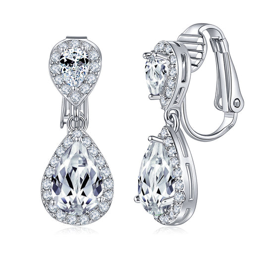 BME200904 - Fancy Teardrop CZ Dangle Earring - Clip On Earrings