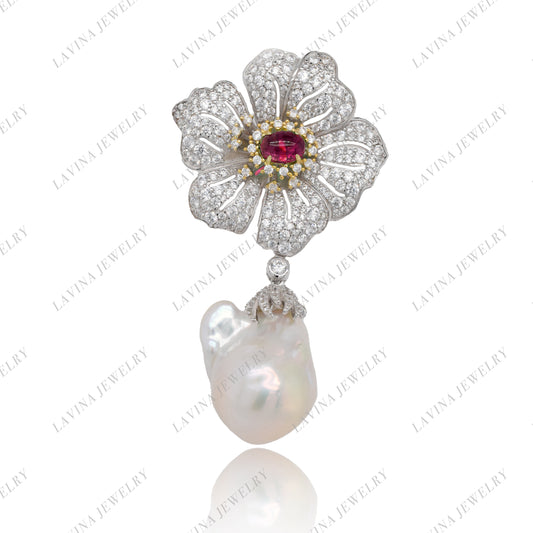 SC28225-Luxury  925 Sterling Silver Baroque Pearl CZ flower Brooch  Cubic Zirconia Jewelry For Wedding and Party  ,  Jewelry  for Women and Men