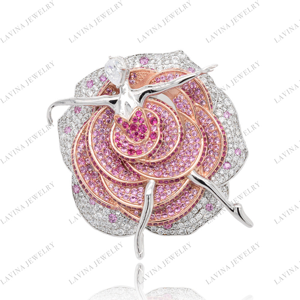 SC28277PK-Ballet Blossom | Pink Floral 925 Silver Handcrafted Brooch (Unisex)