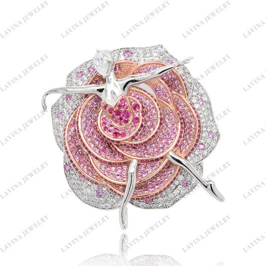 SC28277PK-Ballet Blossom | Pink Floral 925 Silver Handcrafted Brooch (Unisex)