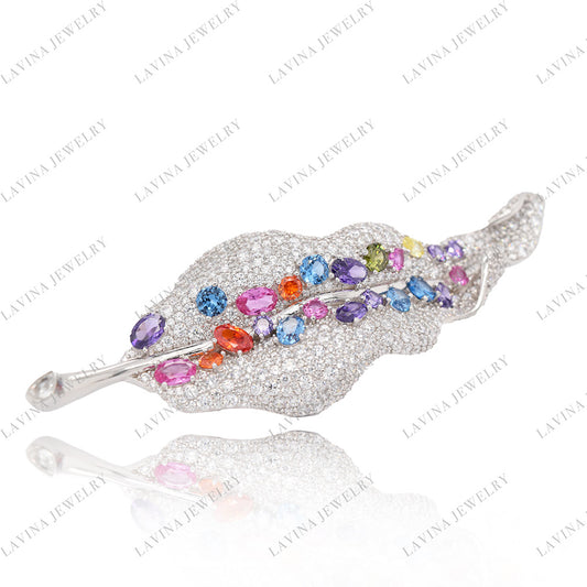 SC28208WH-Luxury  Micro Pave  925 Sterling Silver Multi color  leaf Brooch  Cubic Zirconia Jewelry For Wedding and Party  , Animal Jewelry  for Women and Men