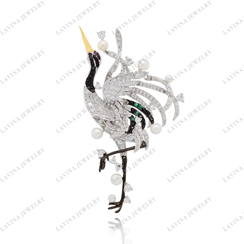 SC28146WP-Premium  5A CZ 925 Sterling Silver  Crane  Brooch  Cubic Zirconia Jewelry For Wedding and Party  Event , Animal  Jewelry  for Women and Men