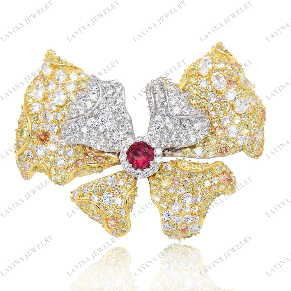 SC28122YL-Luxury  Micro Pave  925 Sterling Silver Handmade Yellow Bow tie Brooch  Cubic Zirconia Jewelry For Wedding and Party . Women and Men