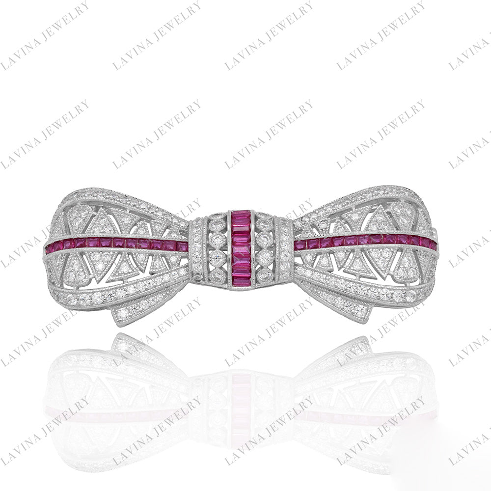 SC28252RC-Unique Luxury  925 Sterling Silver Simulated Ruby bow Brooch Cubic Zirconia Jewelry For Wedding and Party  ,  Jewelry  for Women and Men