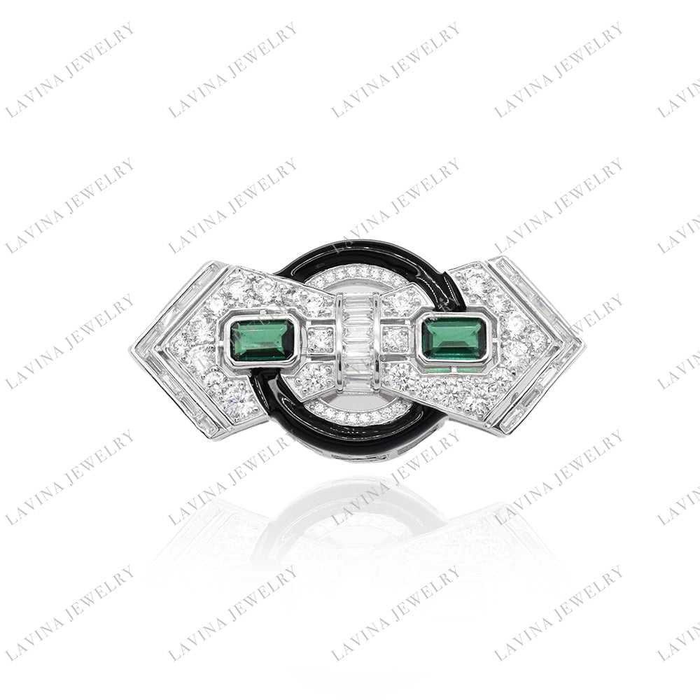 SC28324GR-Verdant Elegance | Enamel Green Zircon Vintage 925 Silver Handcrafted Brooch (Unisex)