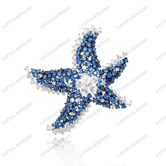 SC28321BL- Celestial Tide | Blue Starfish Full Pavé 925 Silver Handcrafted Brooch (Unisex)