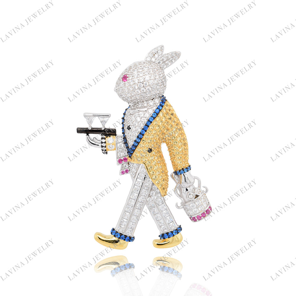 SC28286WH-Gentleman Hare | 925 Silver Handcrafted Rabbit Brooch (Unisex)