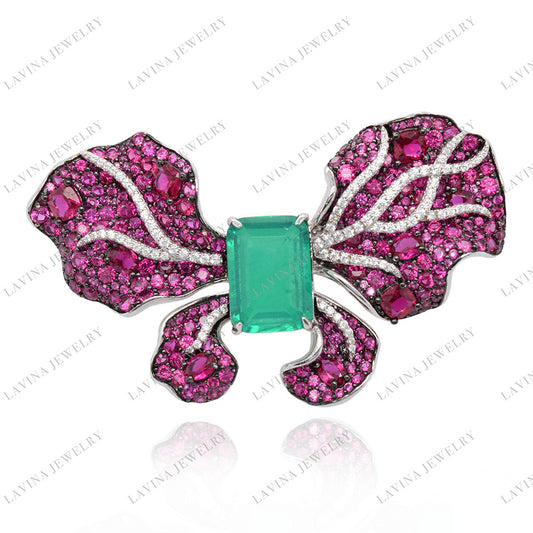 SC28123EM-Luxury  925 Sterling Silver Simulated Emerald Butterfly Butterfly  Brooch Cubic Zirconia Jewelry For Wedding and Party  ,  Jewelry  for Women and Men