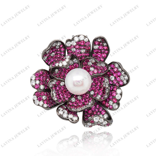 SC28295RC-Crimson Bloom | Pearl & Red Floral 925 Silver Handcrafted Brooch (Unisex)