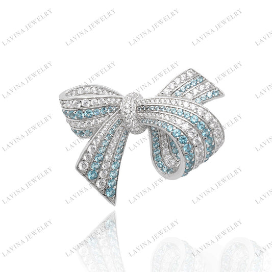 SC28210AQ- Premium Luxury  5A CZ 925 Sterling Silver  Aqua  Bow  Brooch  Cubic Zirconia Jewelry For Wedding and Party  Event ,  Jewelry  for Women and Men