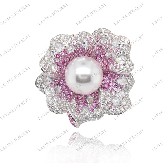 SC28318PK-Dawn Blossom | Gradient Pearl Pink Floral 925 Silver Handcrafted Brooch (Unisex)