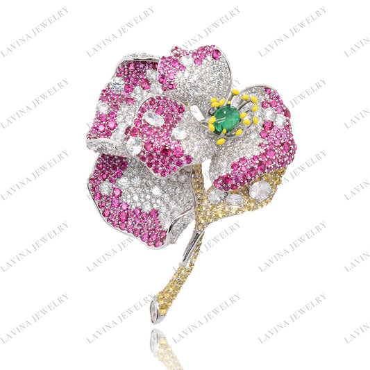 SC28281RC-Blush Rose Radiance" Sterling Silver Brooch | 925 Silver ・ Full Zirconia Pink Rose ・ Green Center Stone ・ Handcrafted ・ Unisex Elegance