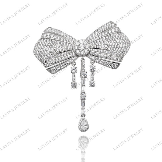 SC28248WH- Luxury  925 Sterling Silver  Fancy 5A CZ Bow  Brooch  Cubic Zirconia Jewelry For Wedding and Party . Women and Men