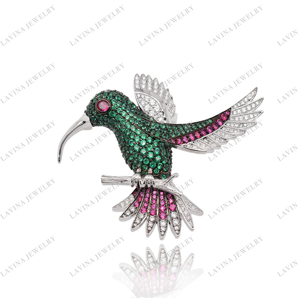 SC28229GR- Premium   5A CZ 925 Sterling Silver Hummingbird Brooch  Cubic Zirconia Jewelry For Travel and Party  Event , Animal  Jewelry  for Women and Men