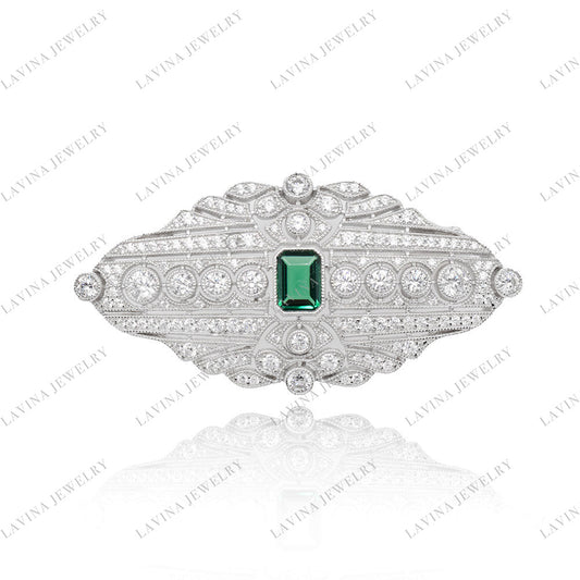 SC28240EM-Luxury Women Micro Pave 5A CZ 925 Sterling Silver Simulated emerald   vintage  Brooch Cubic Zirconia Jewelry For Wedding and Party Event , Jewelry for Women and Men