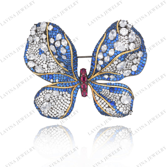 SC28100－Luxury Women  Micro Pave  5A CZ 925 Sterling Silver Simulated Sapphire Blue  Butterfly Brooch  Cubic Zirconia Jewelry For Wedding and Party  Event , Animal Jewelry  for Women and Men