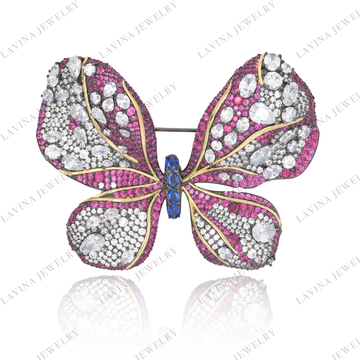 SC28100－Luxury Women  Micro Pave  5A CZ 925 Sterling Silver Simulated Sapphire Blue  Butterfly Brooch  Cubic Zirconia Jewelry For Wedding and Party  Event , Animal Jewelry  for Women and Men