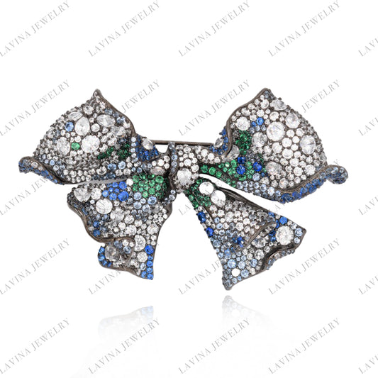 SC28102- Inspired Luxury  Micro Pave  925 Sterling Silver Handmade Blue Bow tie Brooch  Cubic Zirconia Jewelry For Wedding and Party . Women and Men