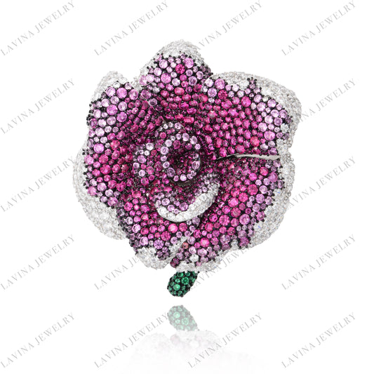 SC28104RC-Luxury Women  Micro Pave  5A CZ 925 Sterling Silver Simulated  Ruby  large flower Brooch  Cubic Zirconia Jewelry For Wedding and Party  Event ,  Jewelry  for Women and Men