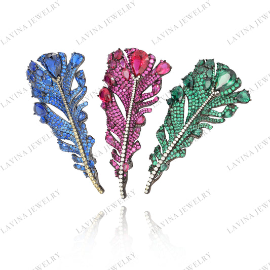 SC28114- Trendy Luxury  Micro Pave  925 Sterling Silver  feather Brooch Cubic Zirconia Jewelry Sets  For WomenEarring For Women