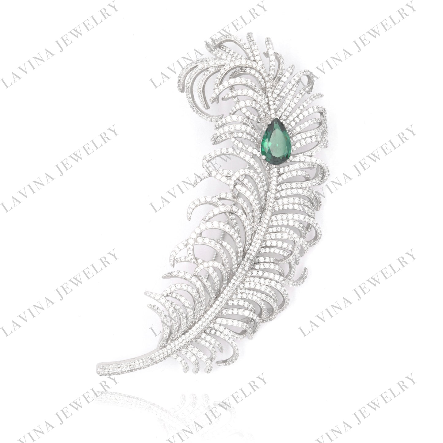 SC28124GR-Luxury  Micro Pave  925 Sterling Silver Large feather Brooch  Cubic Zirconia Jewelry For Wedding and Party . Women and Men