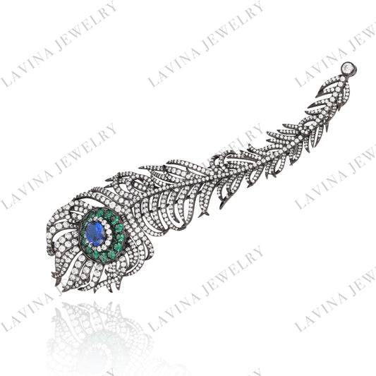 SC28125WH-Luxury  Micro Pave  926 Sterling Silver Peacock feather Brooch  Cubic Zirconia Jewelry For Wedding and Party . Women and Men