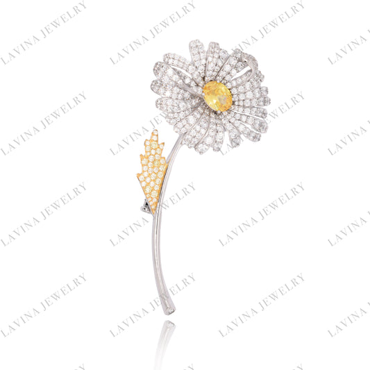 SC28272YL-Luxury   5A CZ 925 Sterling Silver daisy flower Brooch  Cubic Zirconia Jewelry For Wedding and Party  Event ,  Jewelry  for Women and Men