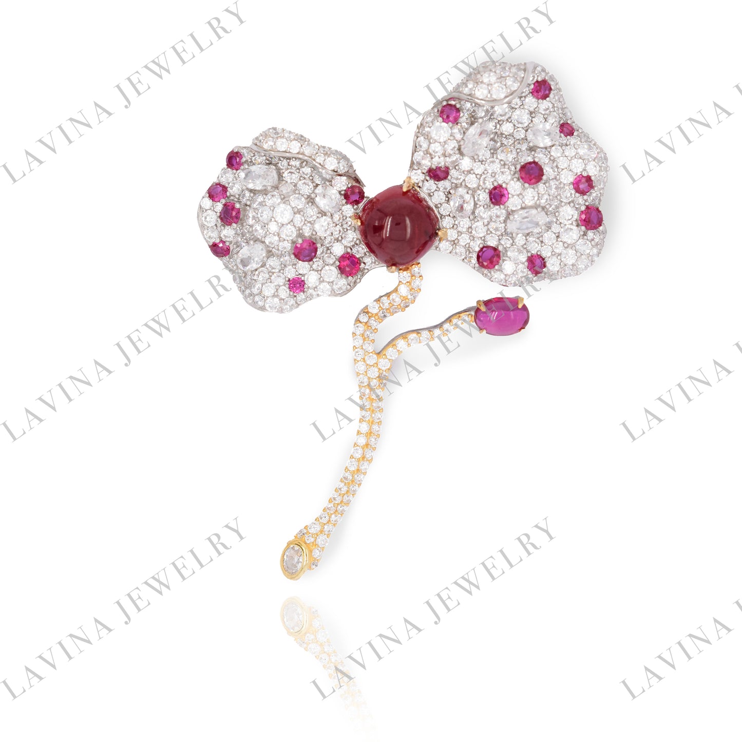 SC28283-Brilliant Twin Petals" Full Zirconia Flower Brooch | 925 Silver ・ Handcrafted Stone Setting ・ Unisex Elegance