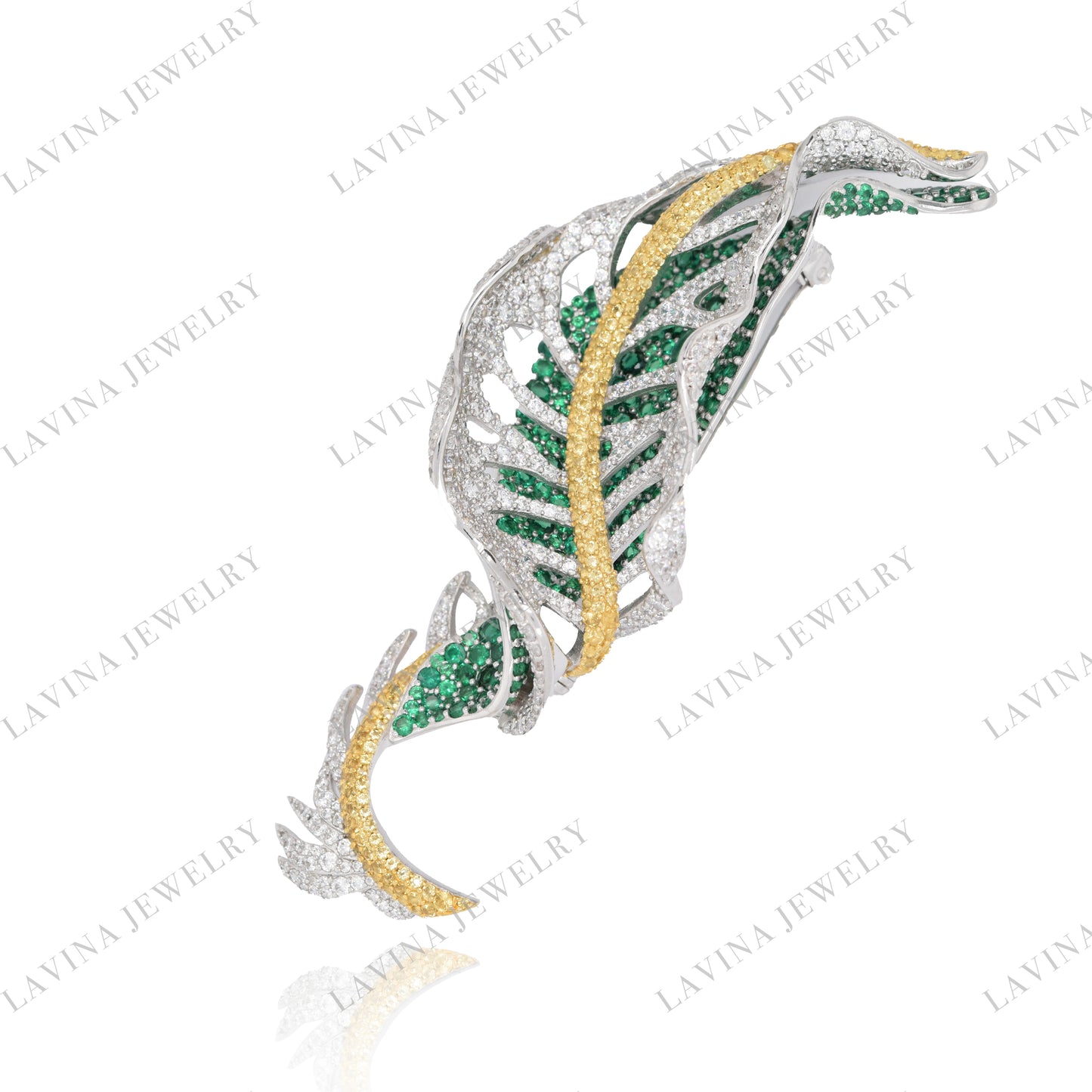 SC28284GR-"Graceful Double Leaf Sparkle" Sterling Silver Brooch | 925 Silver ・ Handcrafted Cubic Zirconia ・ Unisex Elegance