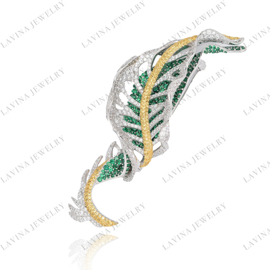 SC28284GR-"Graceful Double Leaf Sparkle" Sterling Silver Brooch | 925 Silver ・ Handcrafted Cubic Zirconia ・ Unisex Elegance