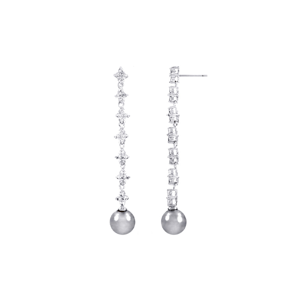 BME6457 -Shell Grey Pearl Dangle CZ Flower Earrings - Drop Earrings