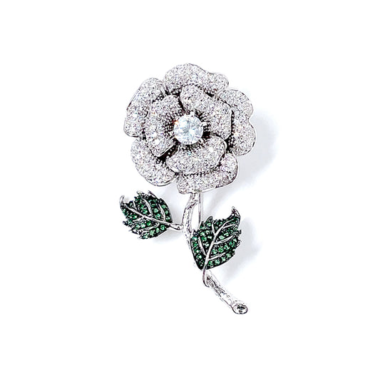 BMC80164 - White Rose Green Leaf - 2-in-1 Pendant Necklace Brooch