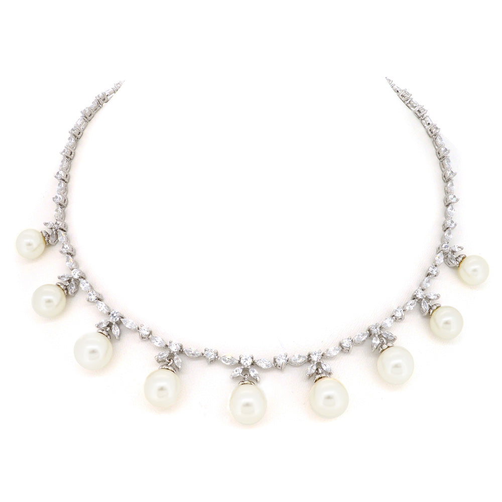 BMN80050 - Elegant Simulated White CZ Gemstones Shell Pearl Necklace - Statement Necklace